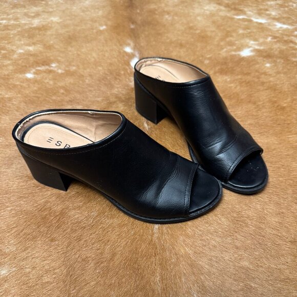 Esprit Black Peep Toe Mules Size 8M Chunky Block Heel Slide Sandals Faux Leather - Picture 1 of 7